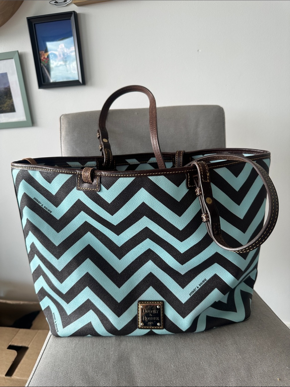 Dooney & Bourke Aqua and Black Chevron Canvas Tote
